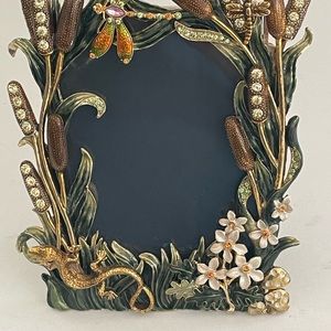 Jeweled, enameled frame. Cattails, lizard, dragonfly frame. Heavy nature frame.
